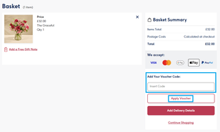 An instructional image showing a view of the Moonpig basket page. In this page you can see the selected products, the basket summary that includes the product price, the postage cost and what forms of payment are accepted (Visa, Mastercard, Google Pay, Apple Pay and PayPal). It also features a box in which you can add your Moonpig discount code which is highlighted, as well as a highlighted button that reads 'Apply Voucher' that will apply the discount for the user.