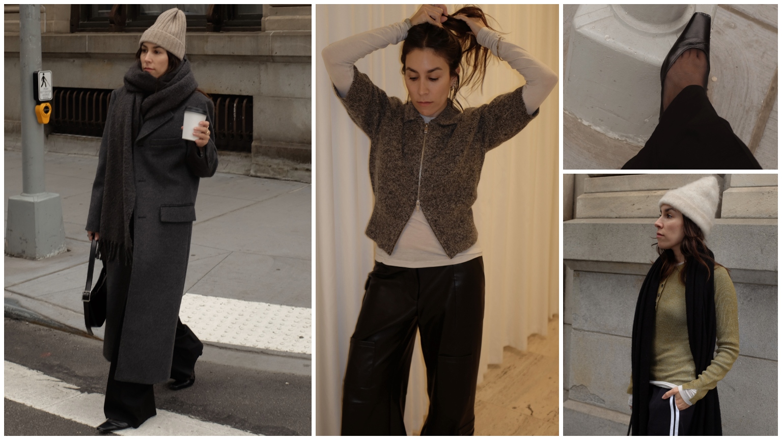 collage of lauren caruso wearing winter clothes from small emerging labels 