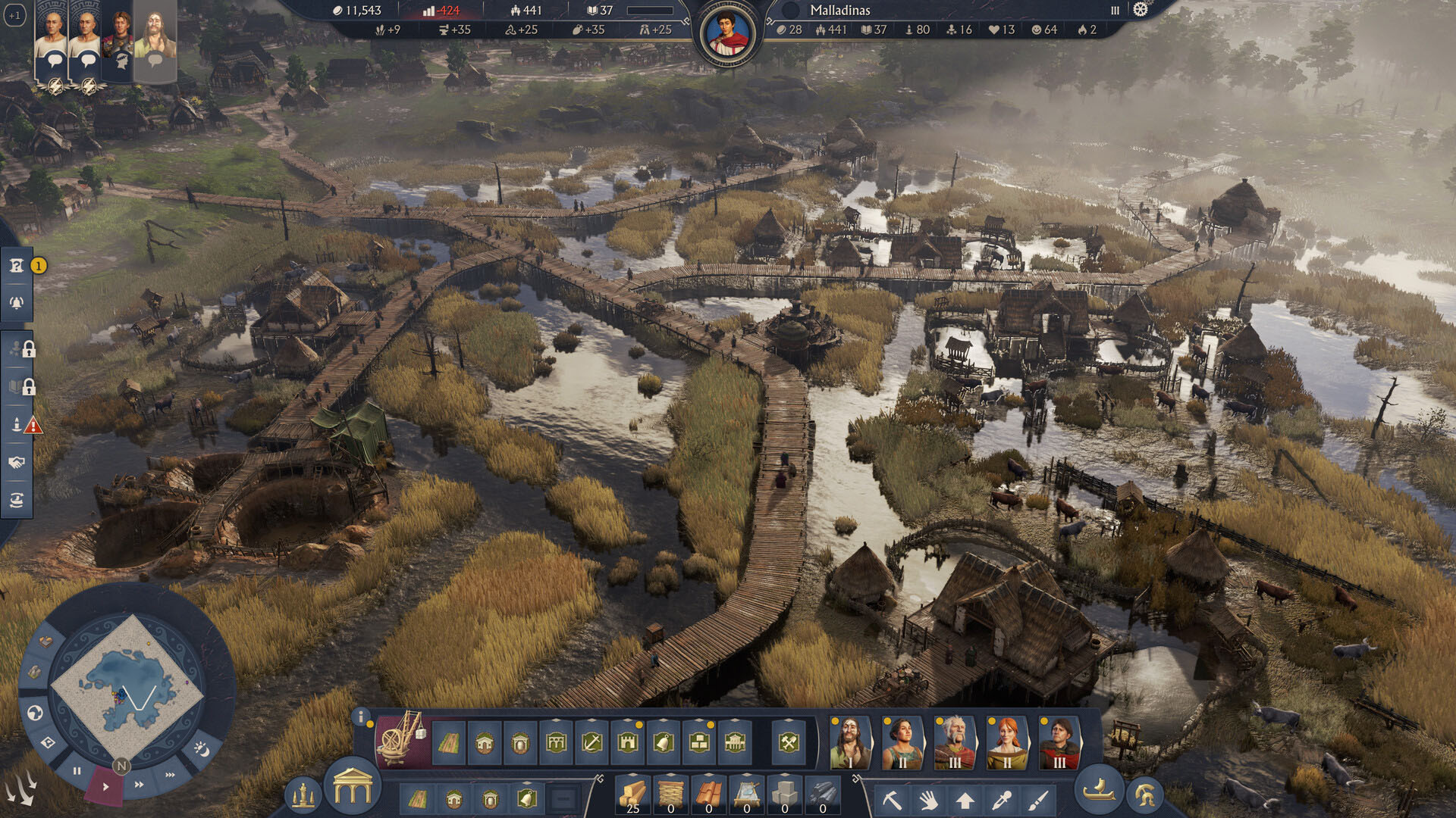 Wooden bridges crisscross a marshland settlement in Anno 177: Pax Romana