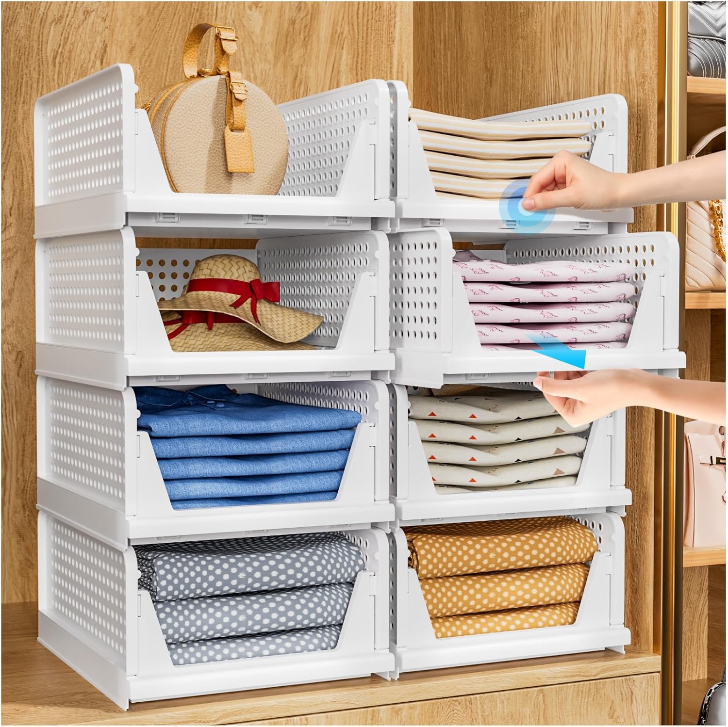 Tidyisles - Foldable Closet Organizer, 4 Pack Stackable Storage Boxes, Plastic Storage Baskets, Drawers for Bedroom, Kitchen and Bathroom Organization, White