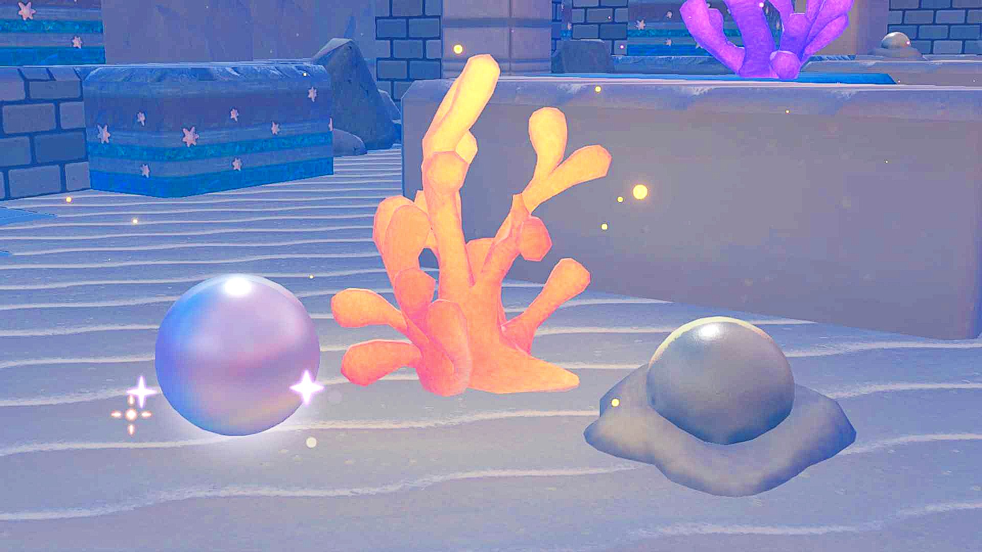A Pokopia Shiny Pearl floats next to a Grubby Pearl in Bubbly Basin. 