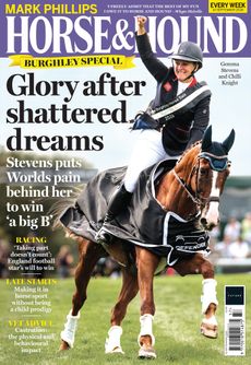 Cover of Horse and Hound featuring a shot of Max Gemma Stevens riding the chestnut gelding Chilli Knight on a victory lap at Burghley Horse Trials