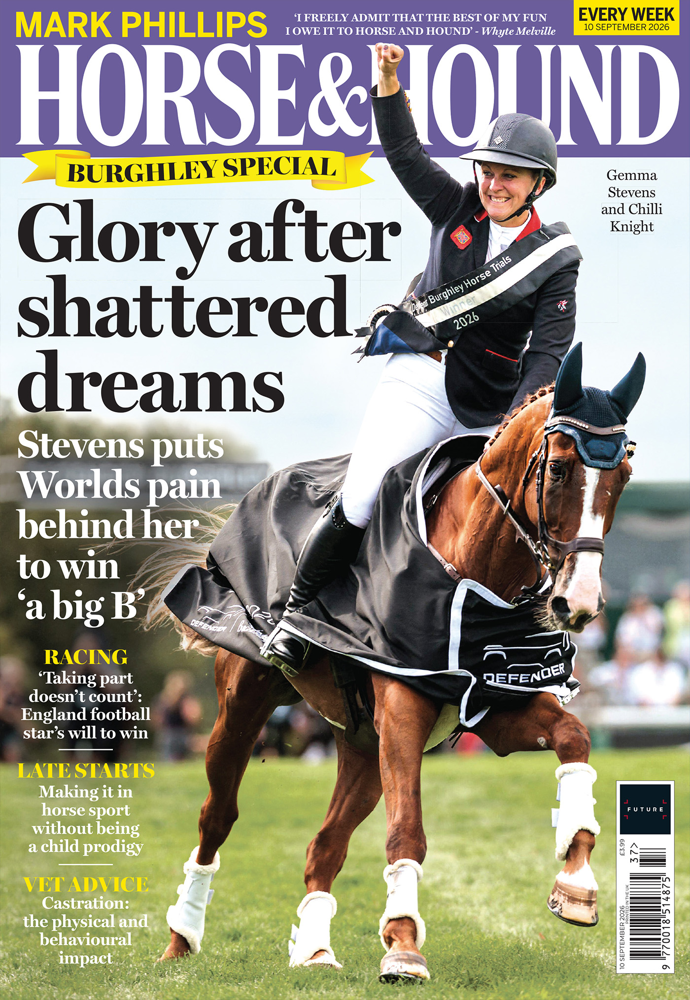 Cover of Horse and Hound featuring a shot of Max Gemma Stevens riding the chestnut gelding Chilli Knight on a victory lap at Burghley Horse Trials