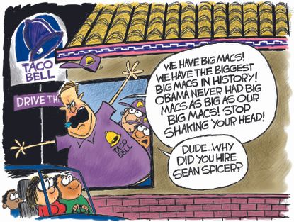 Political cartoon U.S. Sean Spicer resignation Taco Bell McDonald's
