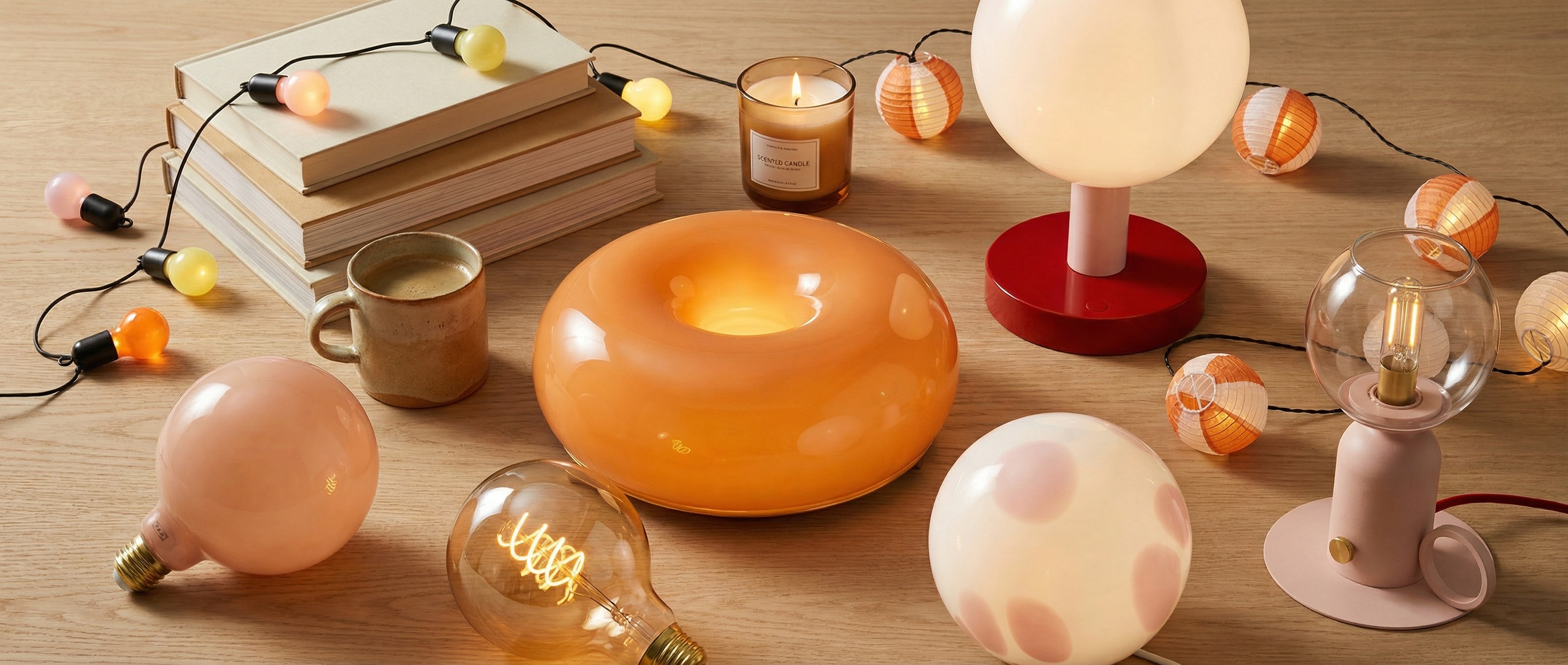 Collection of warm-coloured IKEA lights on wooden table