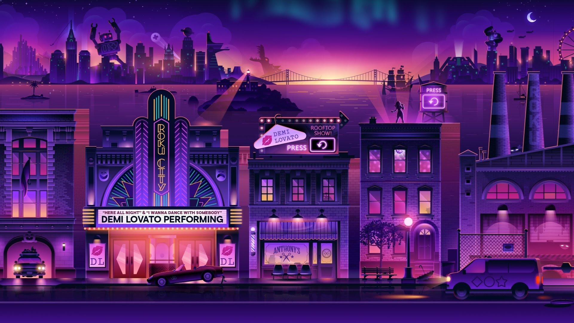 Shot of &quot;Live from Roku City&quot; that turns its screensaver into a stage for live performances