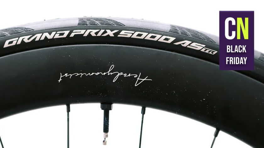 Continental GP5000 AS TR tyre on a white background with a Cyclingnews Black Friday badge