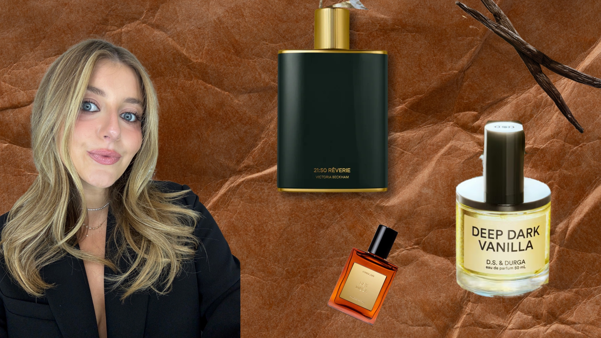 girl on a brown background with two fragrance bottles