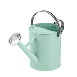 A turquoise blue watering can with a metal spout and handles