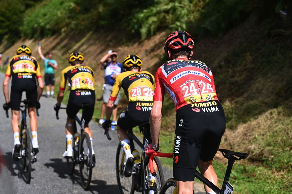 COL DU TOURMALET FRANCE SEPTEMBER 08 Sepp Kuss of The United States and Team JumboVisma Red Leader Jersey competes during the 78th Tour of Spain 2023 a 1347km stage from Formigal Huesca la Magia to Col du Tourmalet 2115m UCIWT on September 08 2023 in Col du Tourmalet France Photo by Tim de WaeleGetty Images