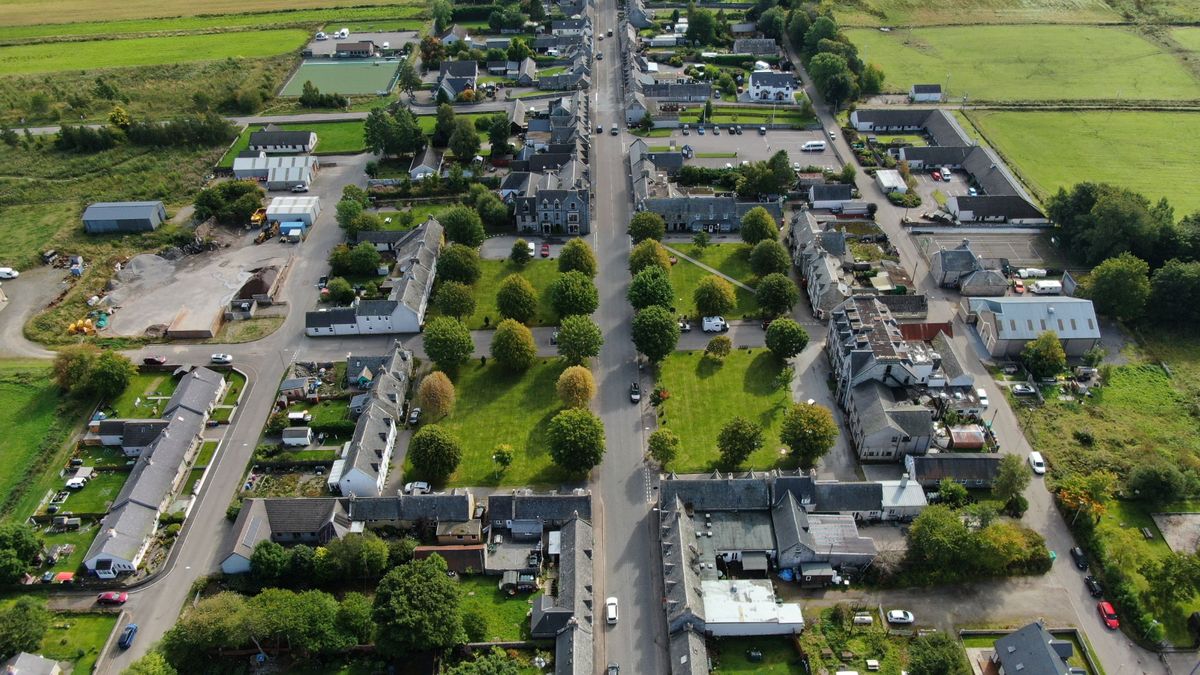 An overhead shot of the village of Tomintoul 