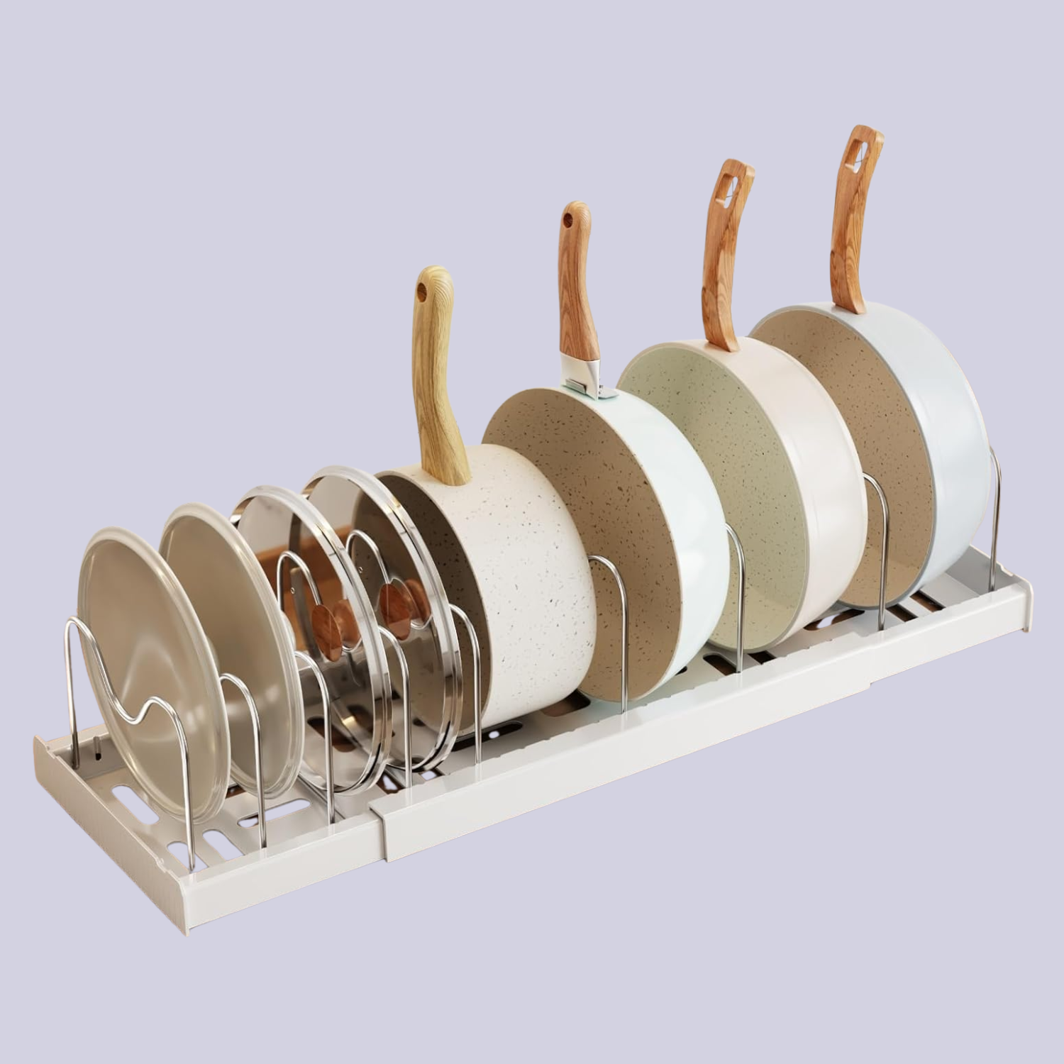 A white expandable pan organizer