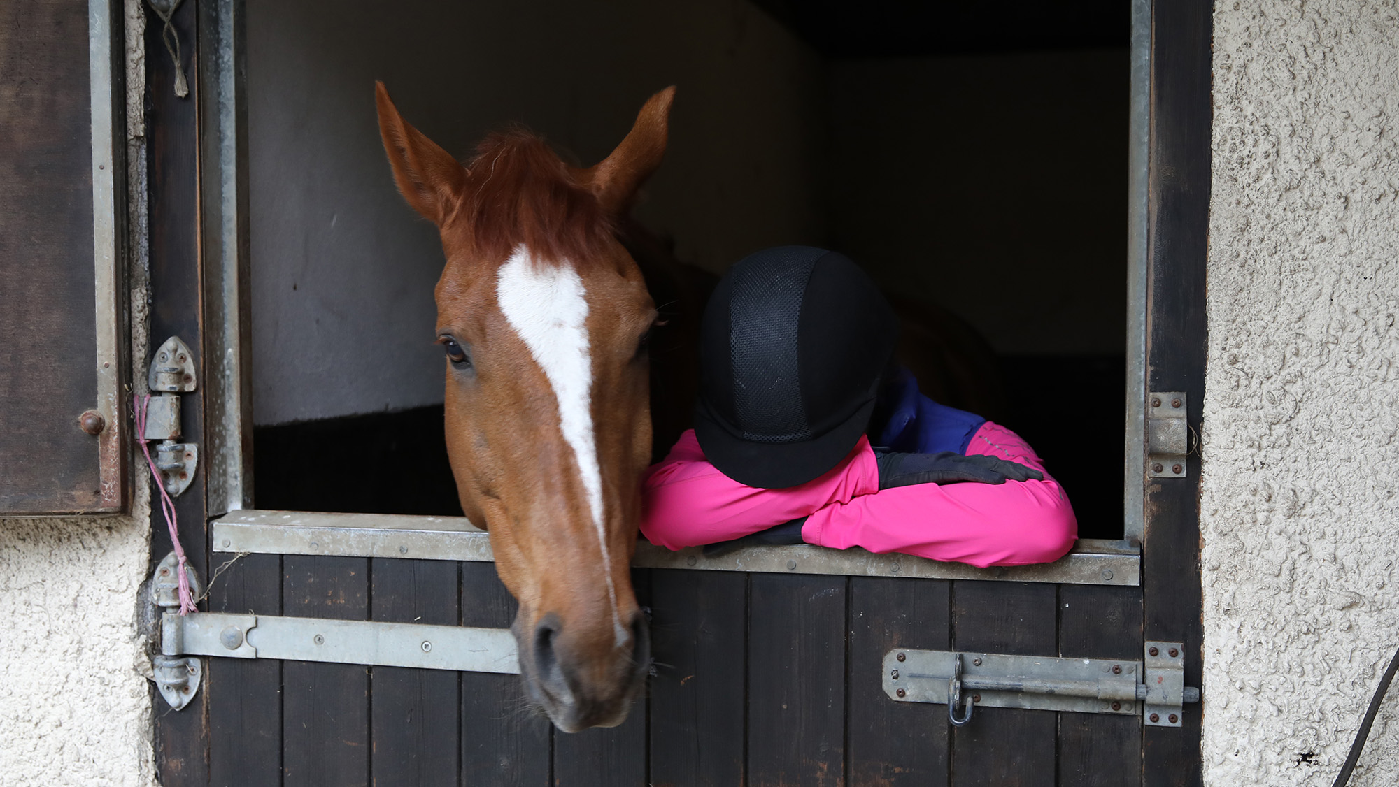 Rider looking sad in horse's stable, with head in her hands, showing signs of poor mental health
