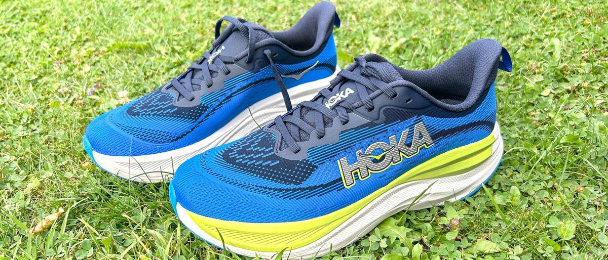 Hoka Skyflow running shoes on grass