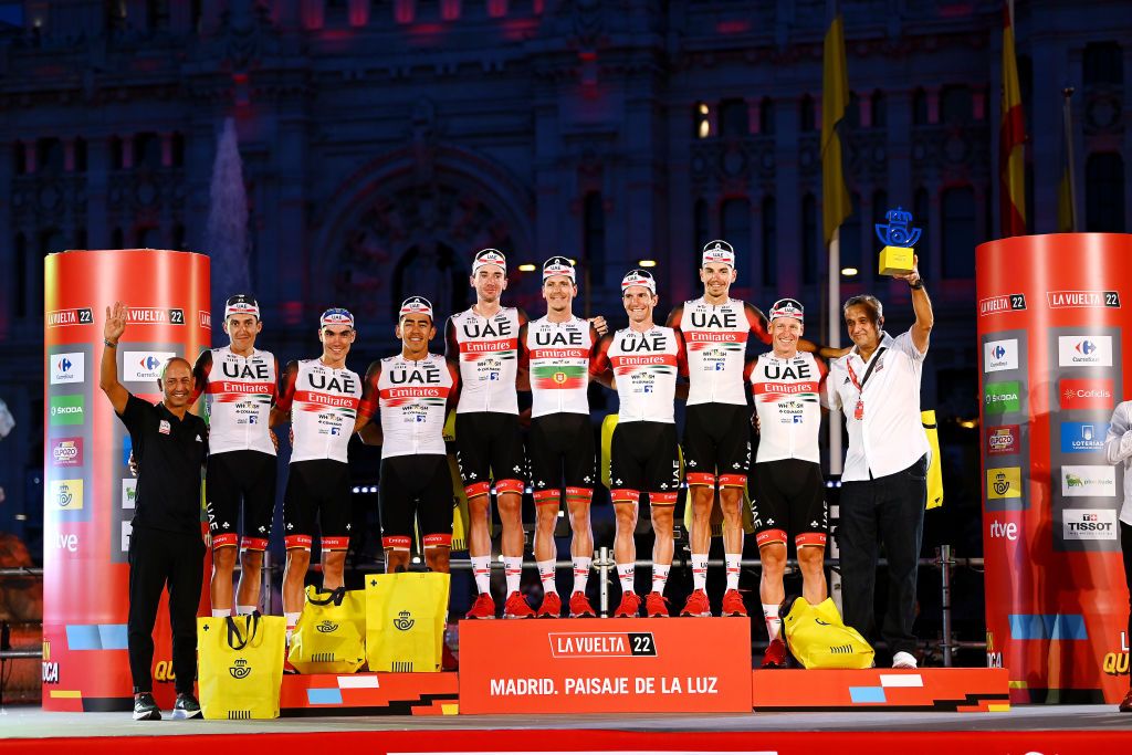 MADRID SPAIN SEPTEMBER 11 A general view of Marc Soler Gimenez of Spain Pascal Ackermann of Germany Ivo Oliveira of Portugal Juan Ayuso Pesquera of Spain Joo Almeida of Portugal Brandon Mcnulty of United States Juan Sebastin Molano Benavides of Colombia Jan Polanc of Slovenia and UAE Team Emirates celebrates winning the best team on the podium ceremony after the 77th Tour of Spain 2022 Stage 21 a 967km stage from Las Rozas to Madrid LaVuelta22 WorldTour on September 11 2022 in Madrid Spain Photo by Tim de WaeleGetty Images