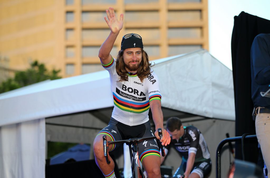 Peter Sagan (Bora-Hansgrohe) arrives at the Tour Down Under team presentation