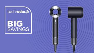 Dyson Supersonic Origin Hair Dryer in black and nickel on violet background with TechRadar big savings white text on the left