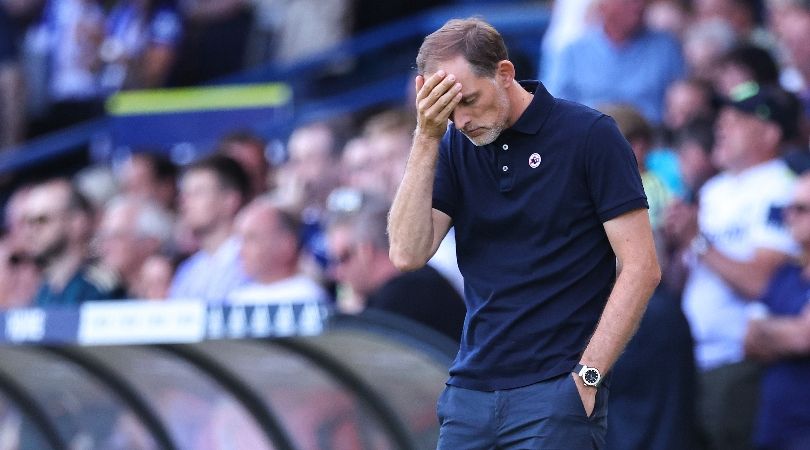 Chelsea manager Thomas Tuchel holds his head during the Blues&#039; 3-0 loss to Leeds.