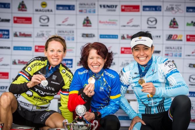 Elite women's podium: Sally Bigham, Esther S&uuml;ss, Sabine Spitz
