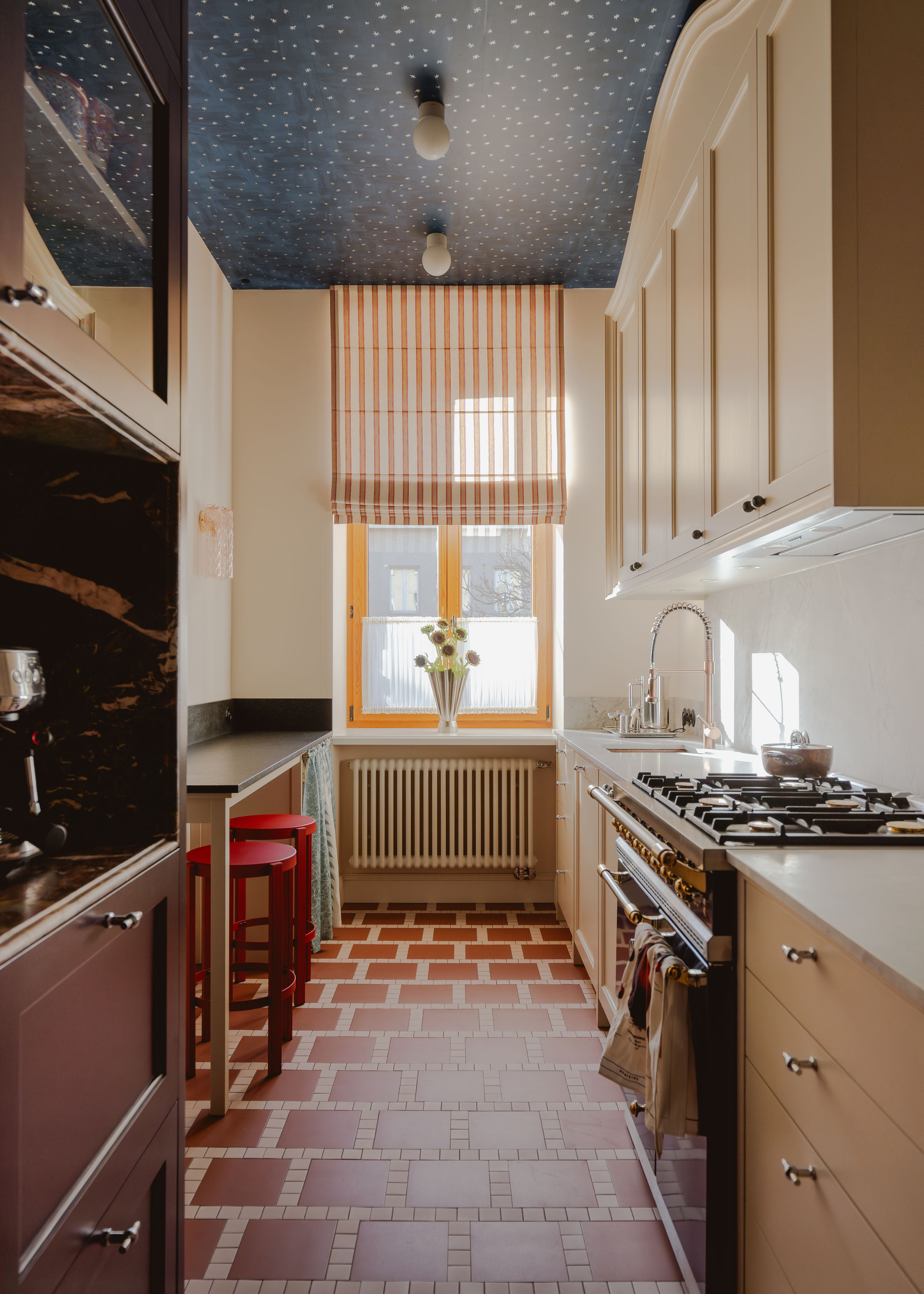 small galley kitchen with mural ceiling and tiled floor
