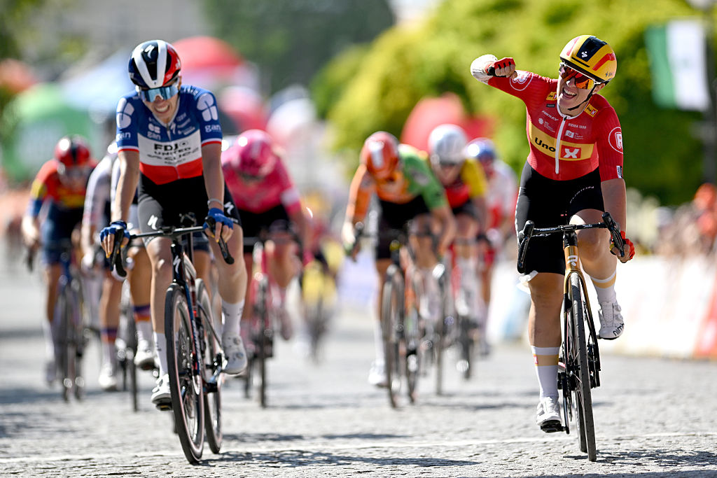 CHELM, POLAND - AUGUST 13: Linda Zanetti of Switzerland and Team Uno-X Mobility crosses the finish line on first place during the 13th Tour de Pologne Feminin, Stage 2 a 100km stage from Chelm to Chelm on August 13, 2025 in Chelm, Poland (Photo by Szymon Gruchalski/Getty Images)
