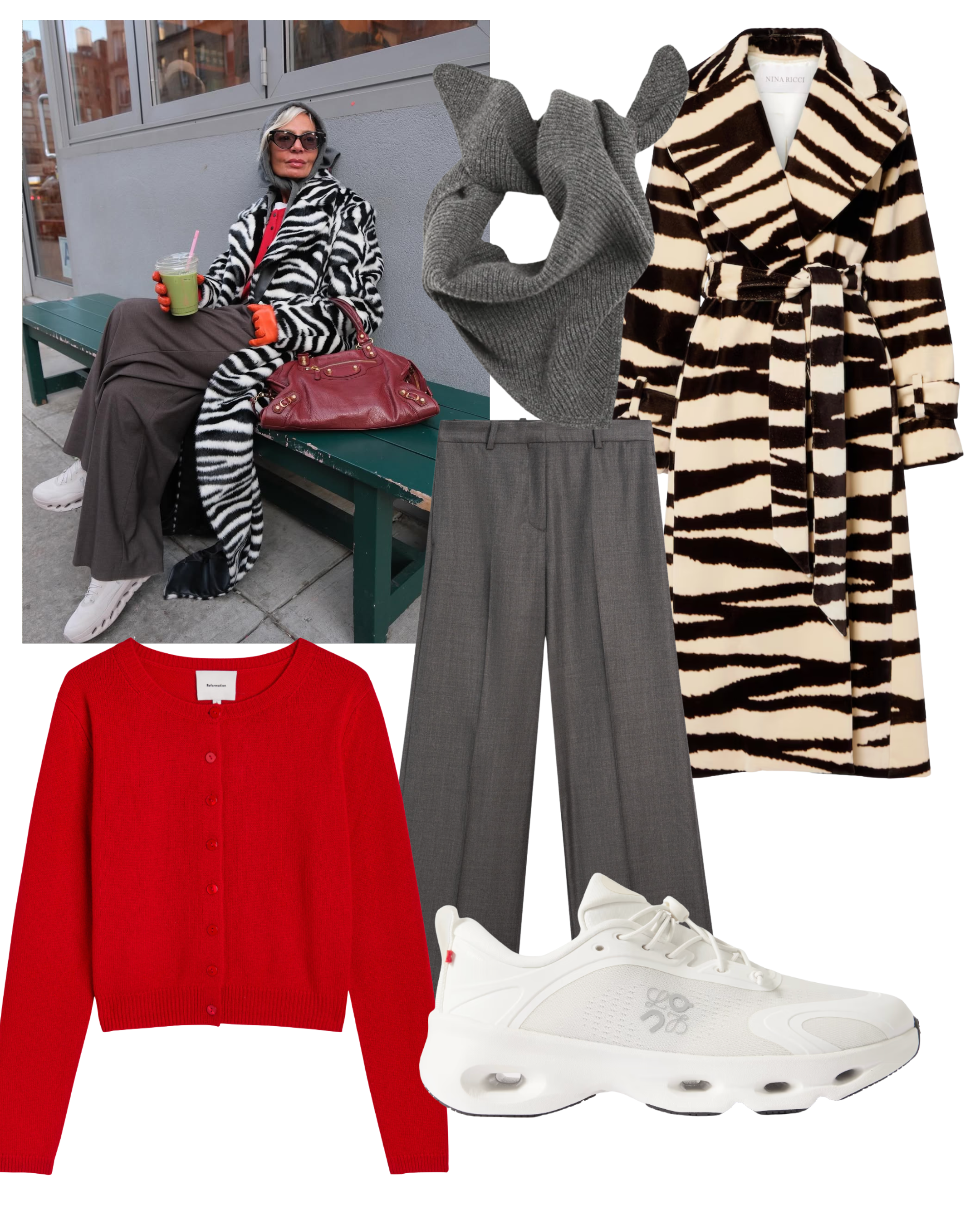 @greceghanem wears zebra print coat, trousers and trainers