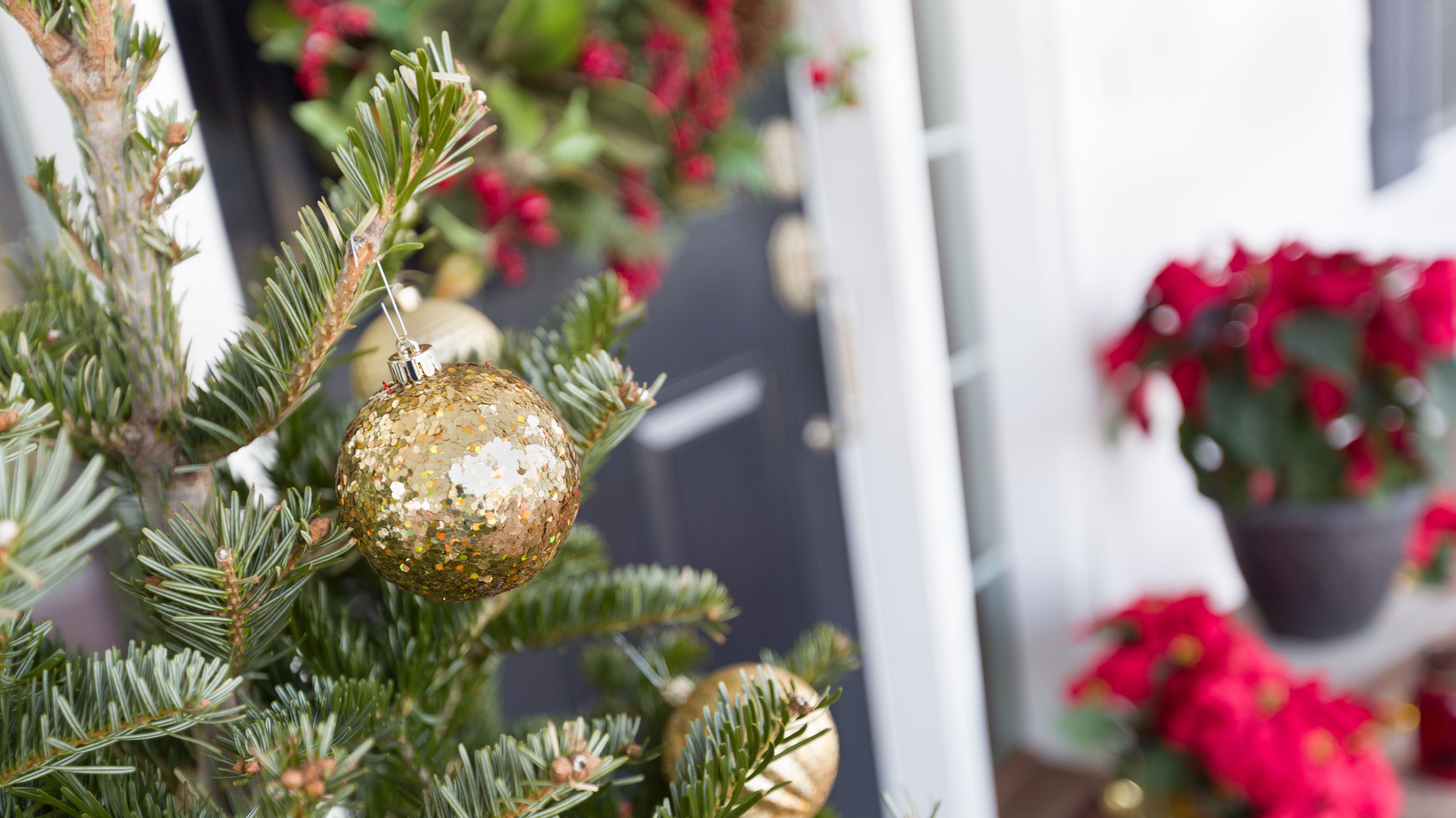 Closeup of decorated Christmas tree on front porch