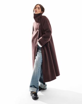 Asos Design Funnel Neck Longline Coat in Chocolate