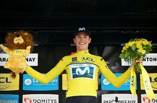 CHARANTONNAY FRANCE JUNE 10 Ivan Romeo of Spain and Team Movistar celebrates at podium as Yellow leader jersey winner during the 77th Criterium du Dauphine 2025 Stage 3 a 2072km stage from Brioude to Charantonnay UCIWT on June 10 2025 in Charantonnay France Photo by Dario BelingheriGetty Images