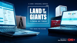 Computers, Amazon and Netflix packages surround Land of Giants: Titans of Tech logo