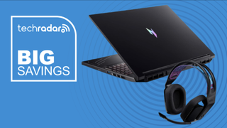 Acer laptop and Logitech headset on a blue background next to a TechRadar badge reading 'Big savings'
