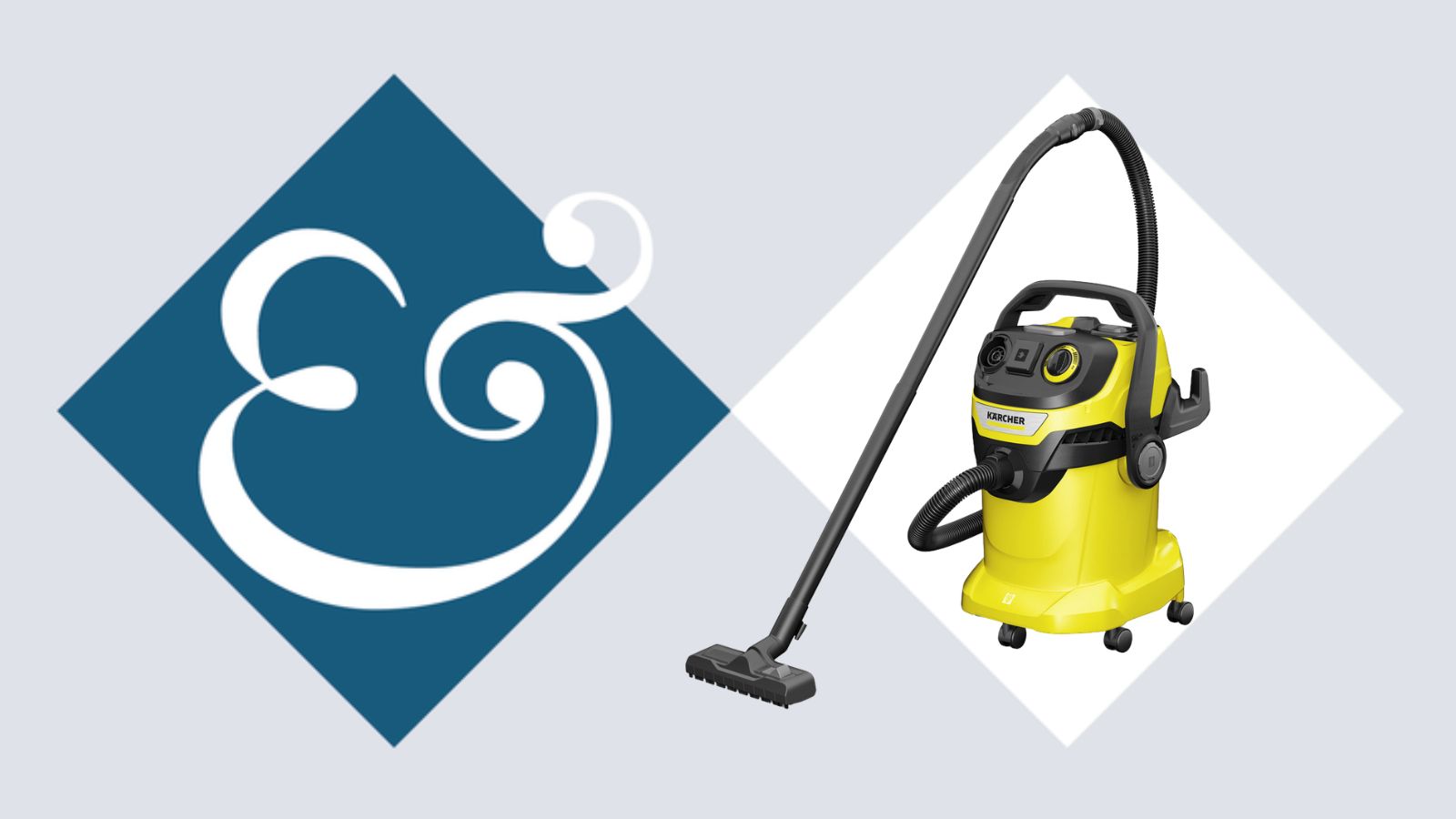 Cut out image of the Karcher WD5 P Wet &amp; Dry Vacuum on awhite diamond next to a blue logo of the Homes &amp; Gardens '&amp;' sign