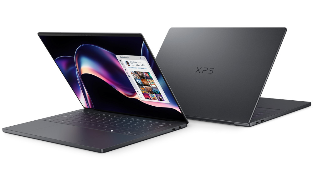 Two Dell XPS 14 laptops, one shown from the front, the other from the rear