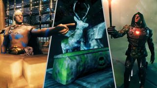Valheim - Three screenshots pasted together: A shirtlesss Viking point (left), a stone deer near a chest (middle), and a VIking holding a torch in a dark cave (right)