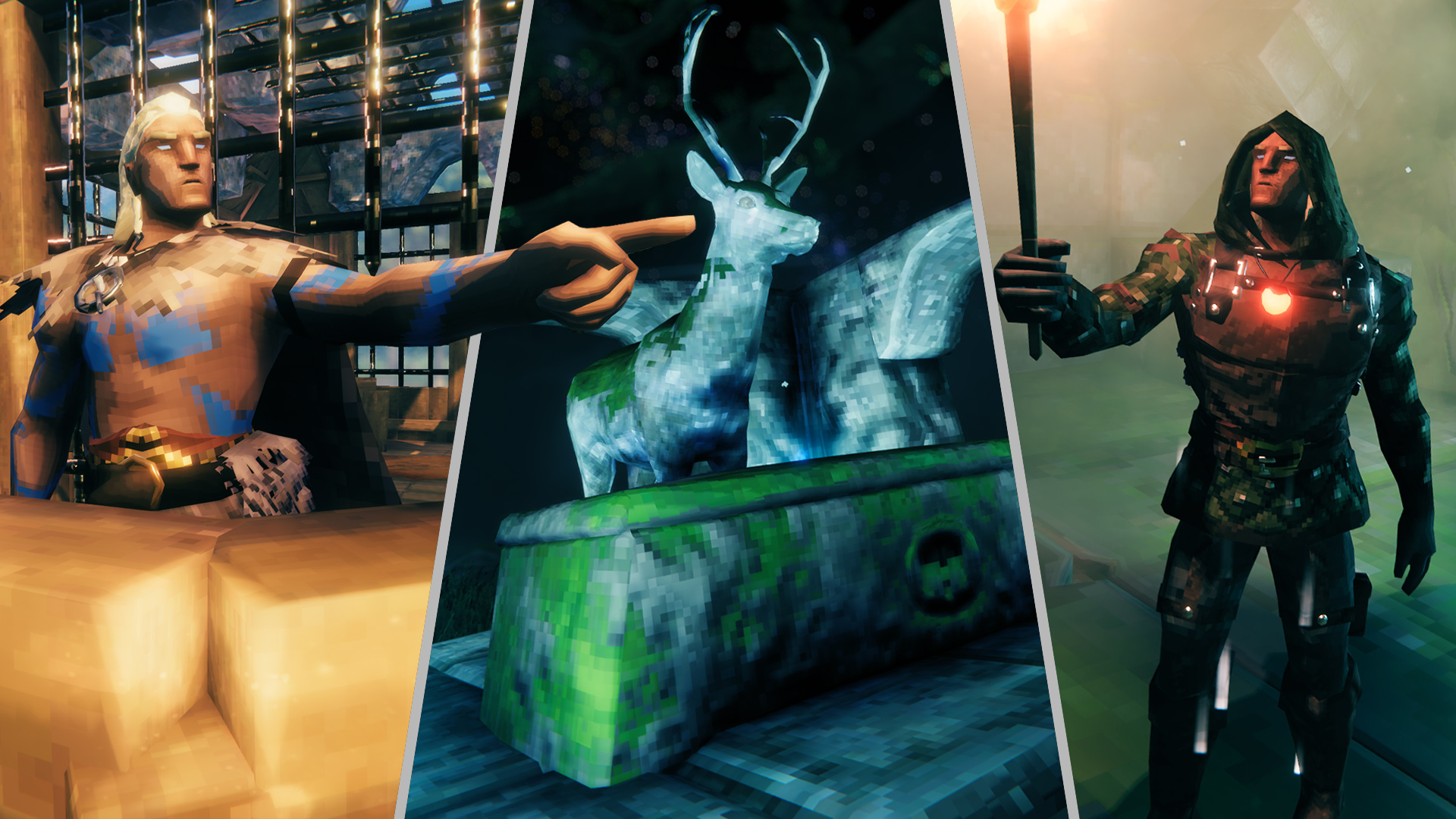 Valheim - Three screenshots pasted together: A shirtlesss Viking point (left), a stone deer near a chest (middle), and a VIking holding a torch in a dark cave (right)