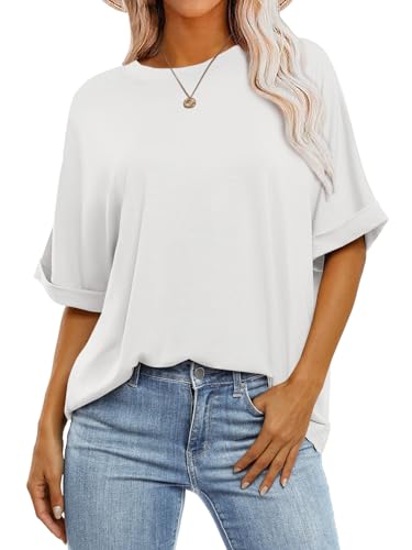 Anrabess Womens Tops Oversized T Shirts Short Sleeve Crewneck Summer Casual Loose Basic Tee Shirt 2025 Trendy Fashion Clothes White Small