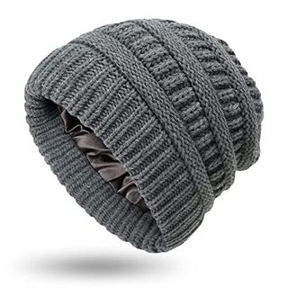 Hcimooy Winter Warm Knitted Hat Satin Silk Lined Cable Knit Beanie Chunky Slouchy Skull Cap for Womens (gray)