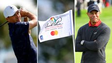 Jordan Spieth, an Arnold Palmer Invitational flag and Tiger Woods