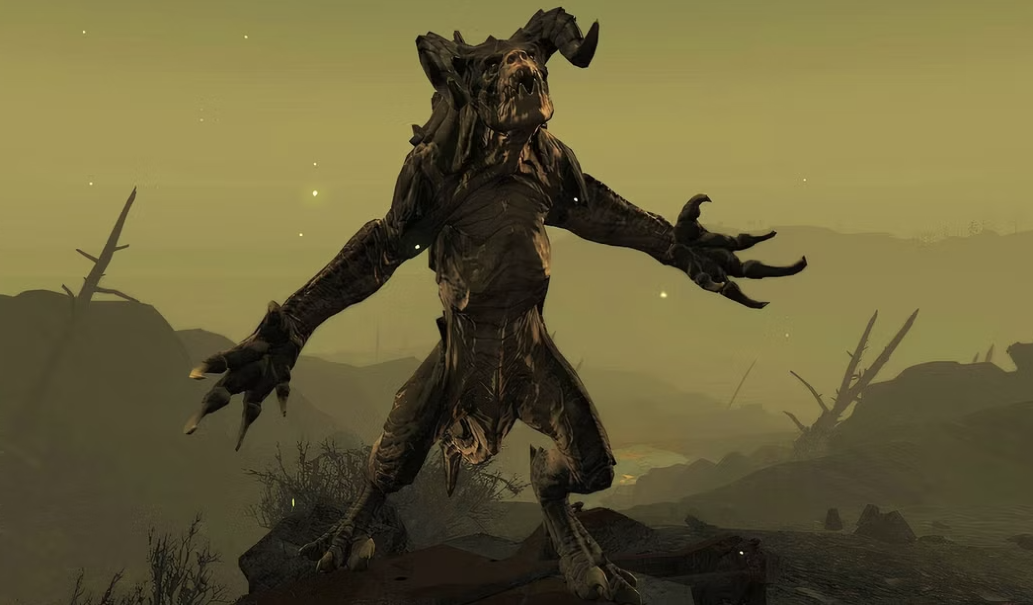 A huge Deathclaw with its arms outstretched as seen in Fallout 4