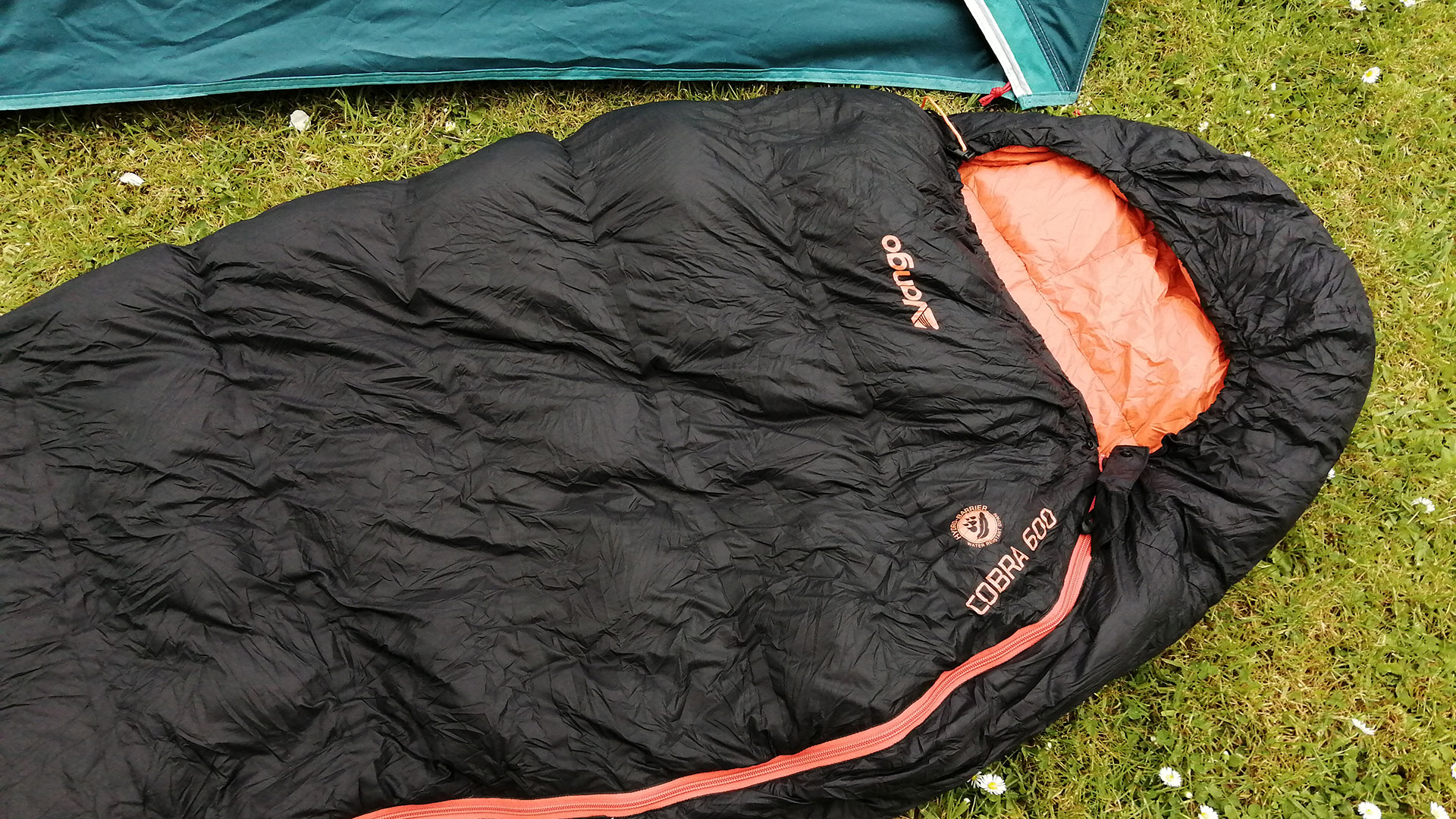 Vango Cobra 600 sleeping bag on some grass next to a tent