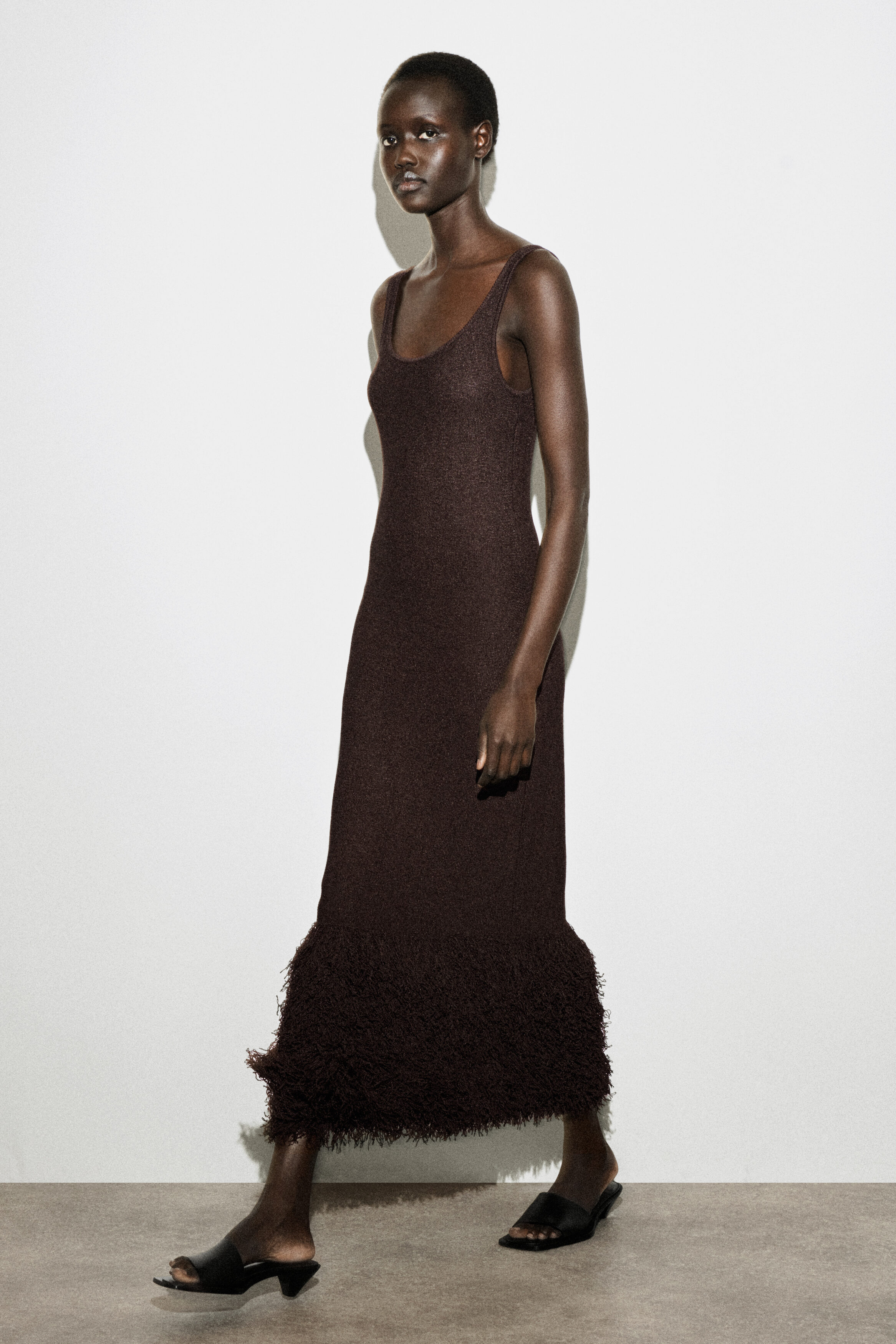 Fringed-Hem Knitted Column Dress
