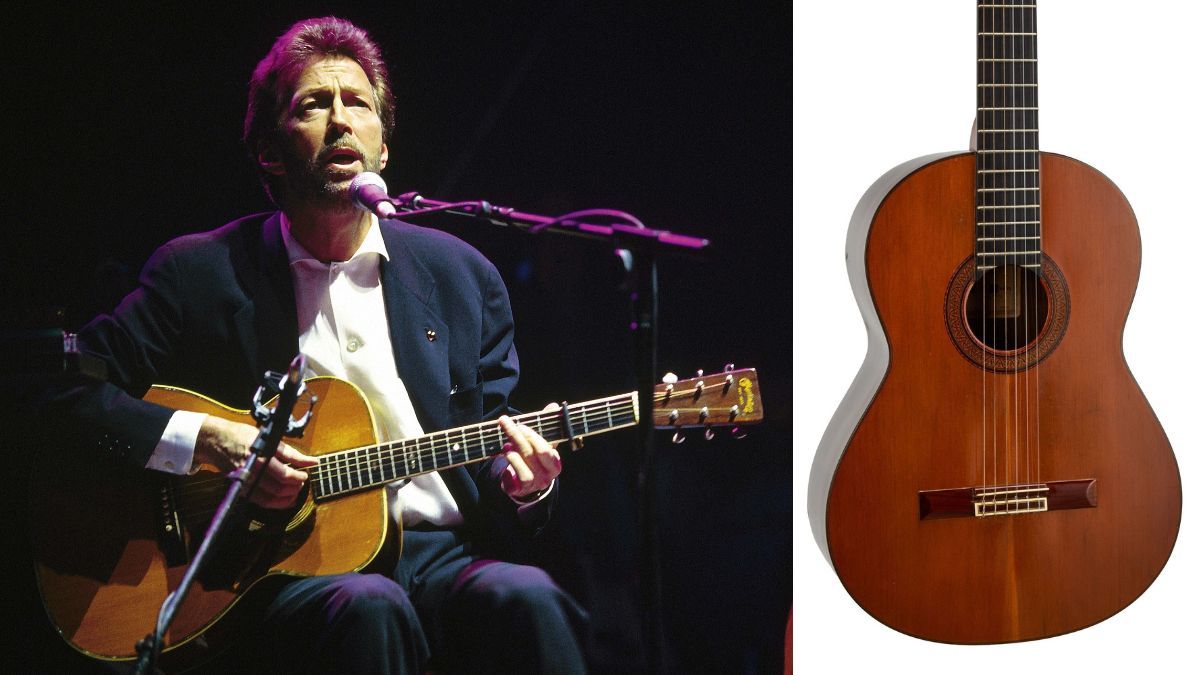 Left-Photo of Eric CLAPTON, performing live onstage, playing Martin acoustic guitar; Right- Eric Clapton&#039;s 1977 Juan Alvares acoustic