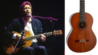Left-Photo of Eric CLAPTON, performing live onstage, playing Martin acoustic guitar; Right- Eric Clapton's 1977 Juan Alvares acoustic