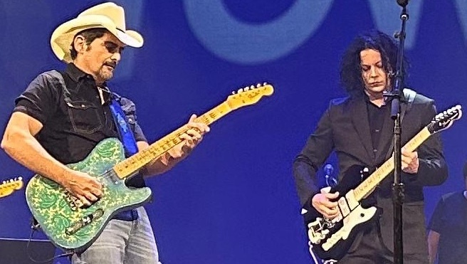 Brad Paisley (left) and Jack White perform onstage at the Tele Town concert at the Ryman Auditorium in Nashville, Tennessee on May 4, 2026