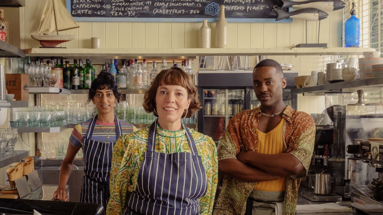 Sunita Mani, Olivia Colman and Ncuti Gatwa in The Roses