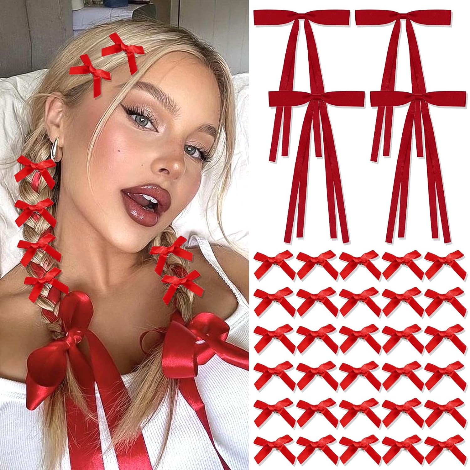 Amazon.com : Aoreas 34pcs Red Bow Hair Clips -Hair Ribbon Bowknot Tassel Claw Satin Mini Bowknot Hair Accessories Cute Hair Bow Barrettes Ribbon Hairpins for Women Girls : Beauty &amp;amp; Personal Care