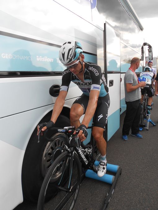 Tony Martin on rollers after the finish