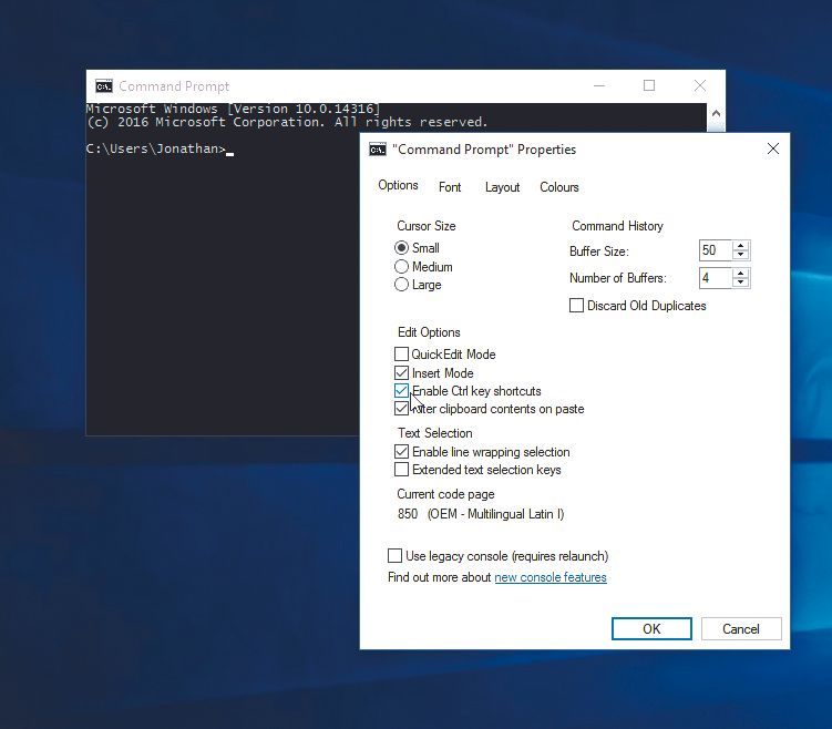 A screenshot of a command prompt window, with the command prompt properties tab also open and displaying various settings