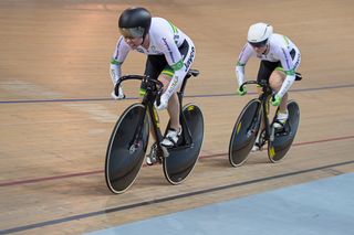 Kaarle McCulloch with Anna Meares during the women's team sprint