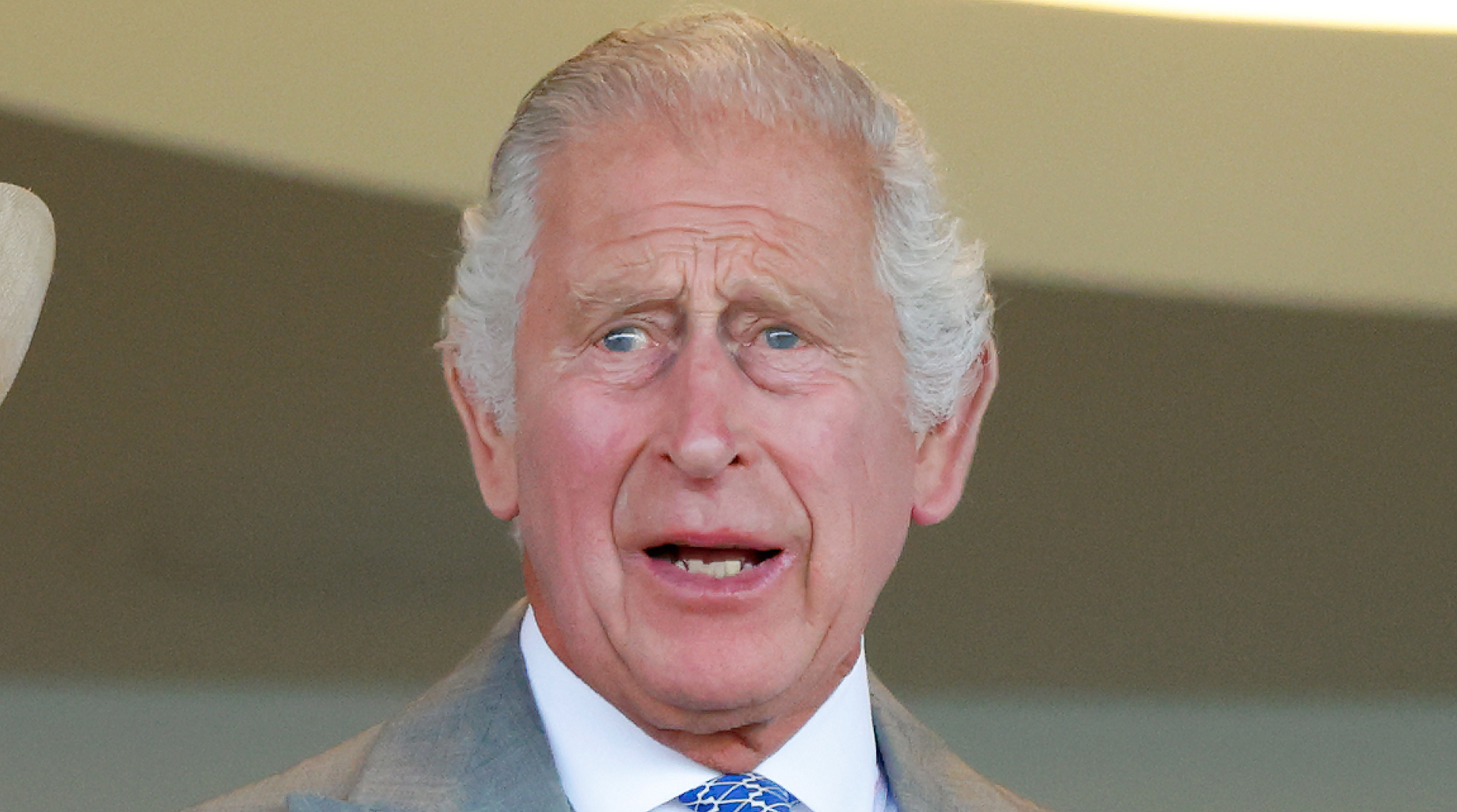 King Charles has gray hair and looks shocked while wearing a gray suit with a white shirt and a blue checked tie
